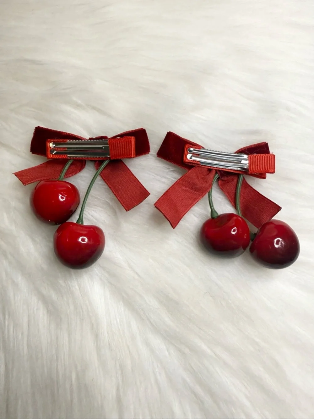 Red Cherry Hair Clip Velvet Bow Women Hair Accessories New Handmade Gift Lot 2